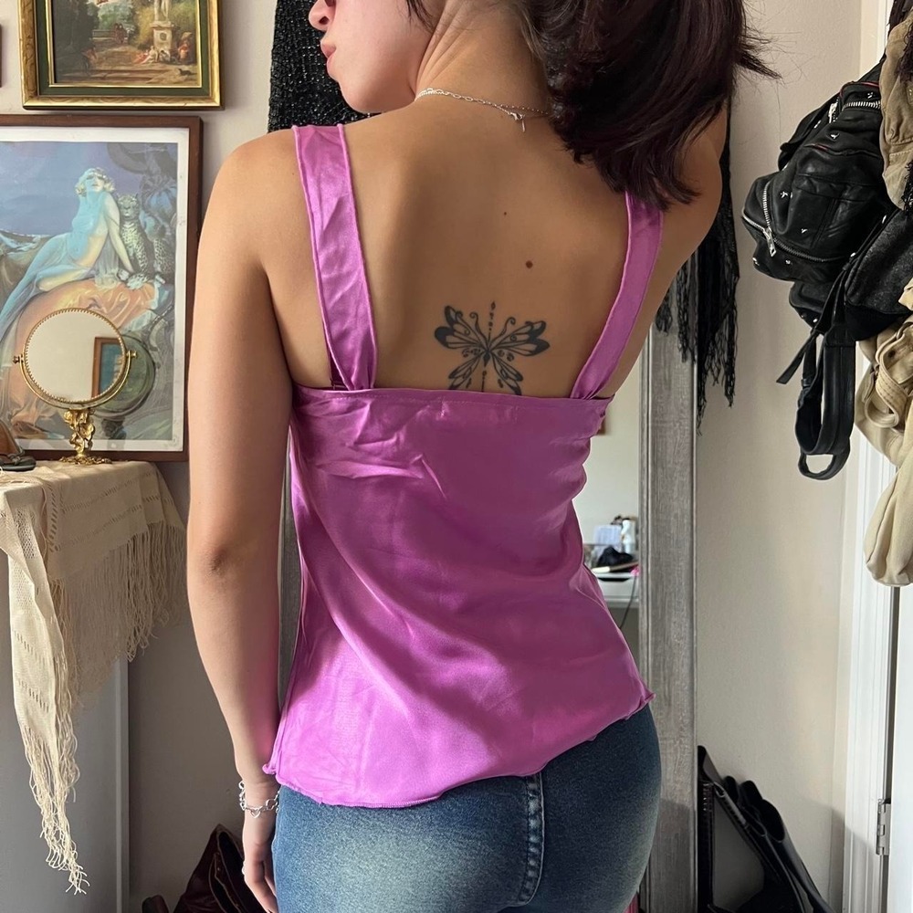 90265 Y2K Purple Lace Cami Tank Top White Trim Fairycore Boho Small - Picture 3 of 5